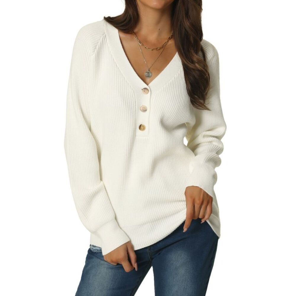 Button V Neck Sweater Solid Color Ribbed Knit Relaxed Fit Pullover Jumper White